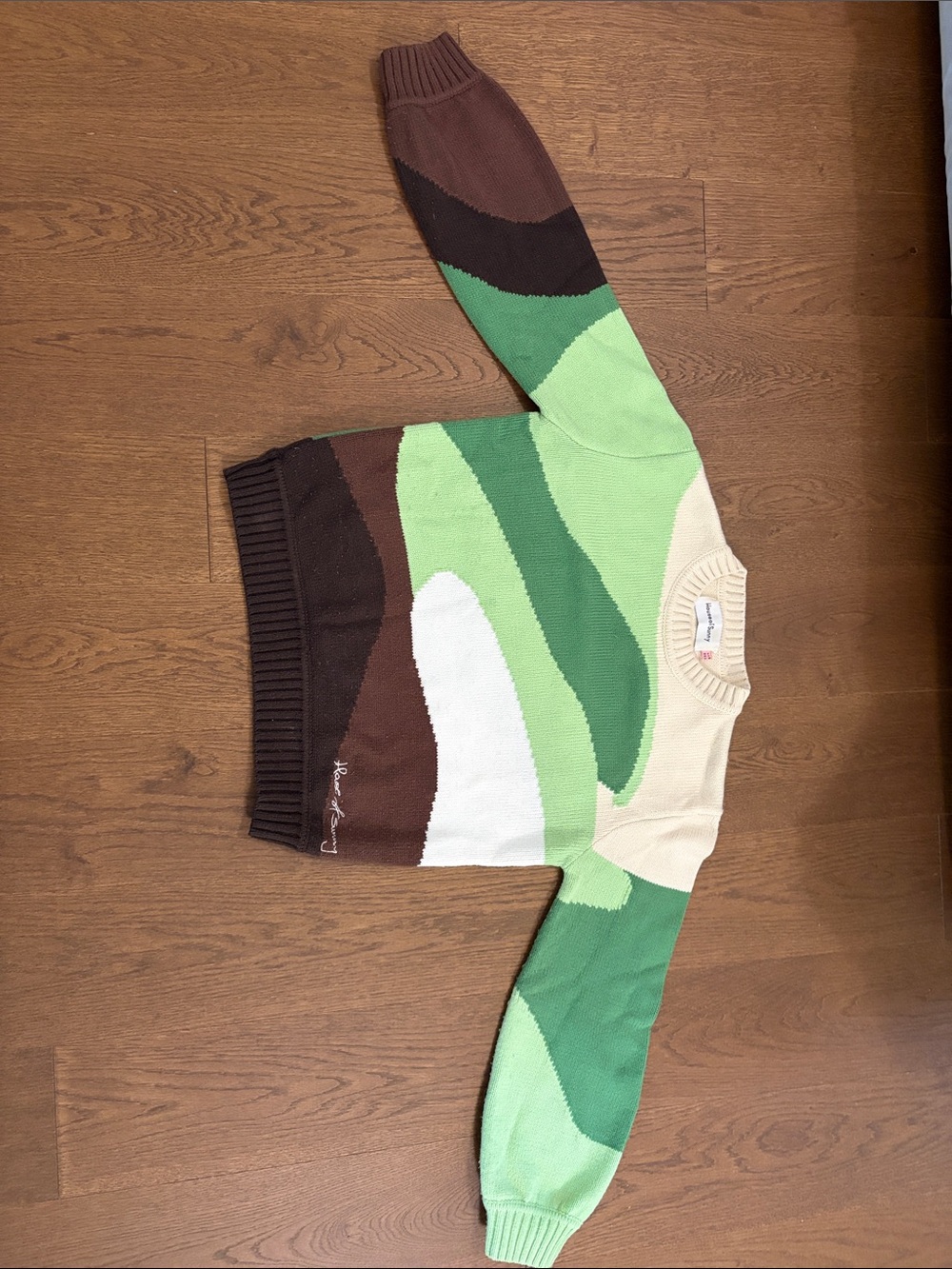 House of Sunny Green, Brown & Cream Wave Crewneck Sweater